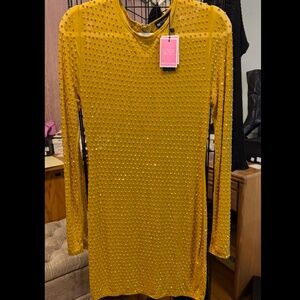 NEW W/TAG PrettyLittleThing Naomi Campbell Chartreuse Embellished Sheer Dress